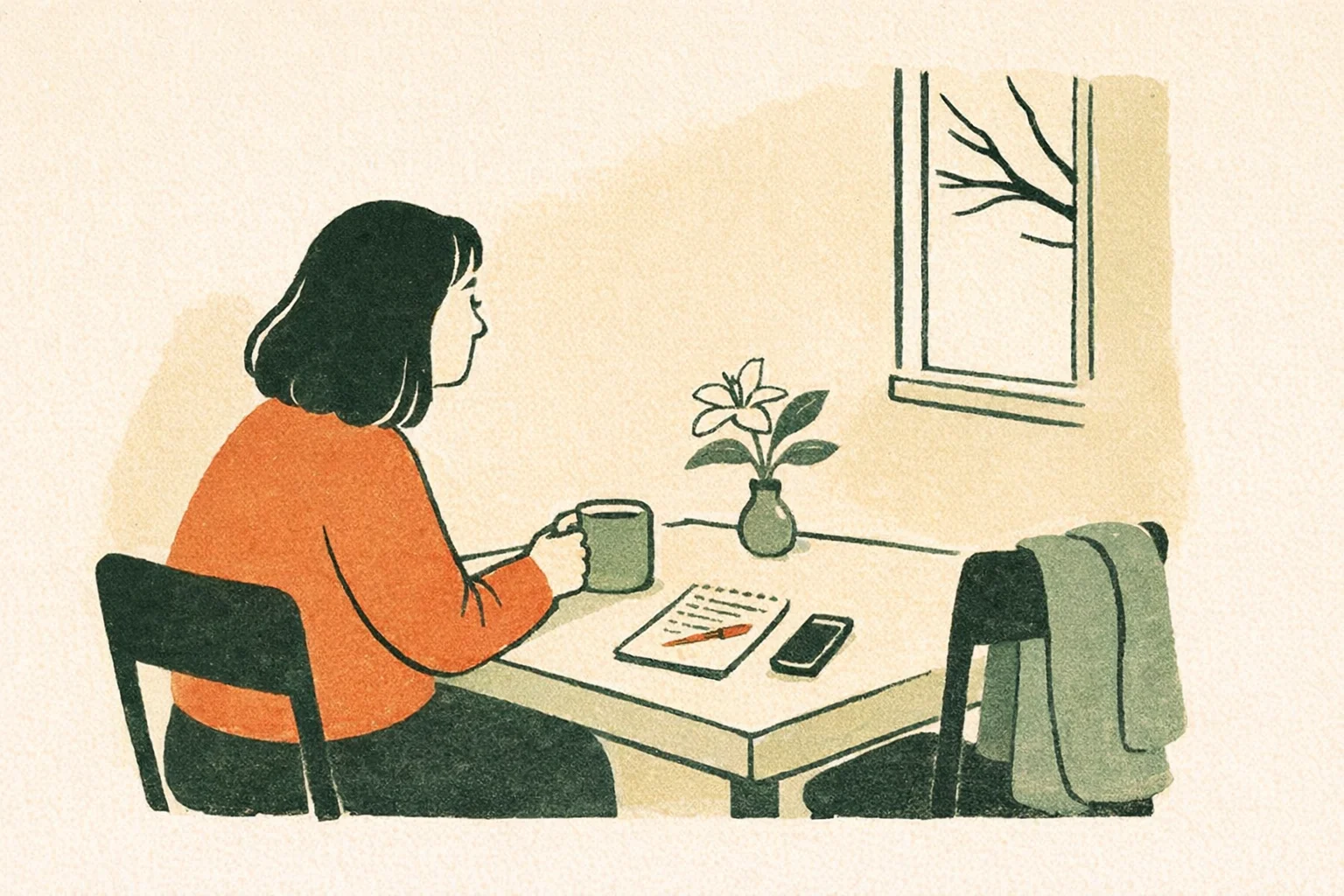A woman sits alone at a kitchen table in the morning with tea and a short list. A cardigan hangs on the empty chair across from her.