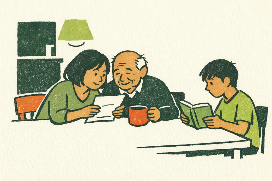 A daughter and her father read a letter together at the kitchen table while her teenage son reads a book.