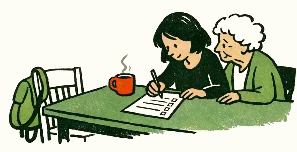 An adult daughter works through a checklist at the kitchen table beside her mother.
